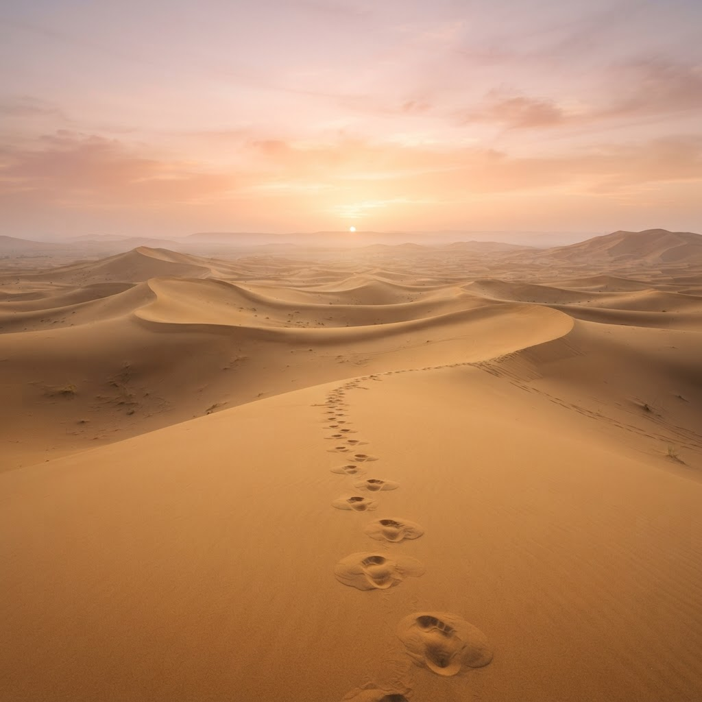 Sahara dunes at dawn with a single set of footprints
