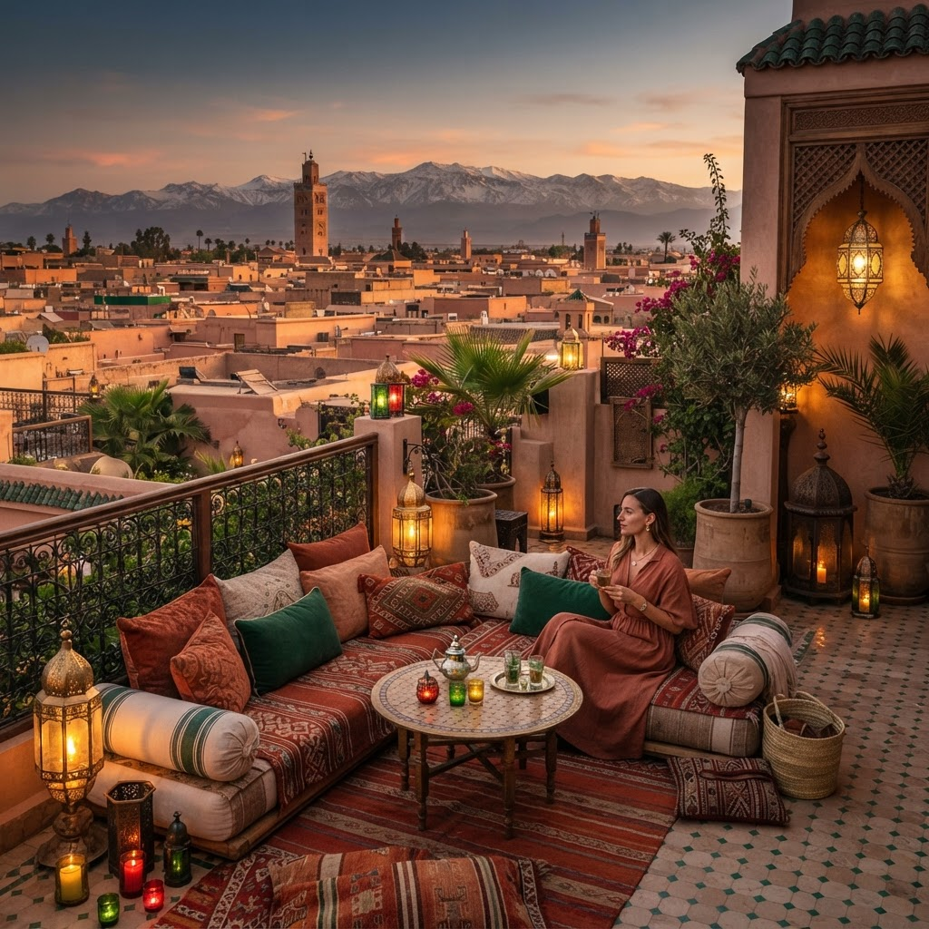 Luxury Moroccan riad rooftop terrace at sunset overlooking the Atlas Mountains